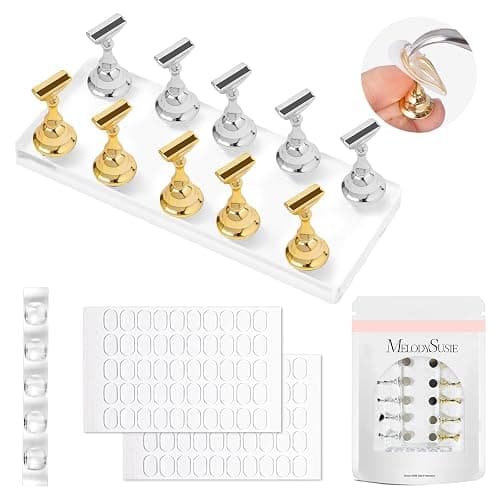 MelodySusie Nail Stand for Press Ons, Big Transparent Acrylic Magnetic Base for Painting Display with Brush Holder and 100 Pcs Reusable Double-Sided Tape for Home DIY Salon Supplies - Image 1