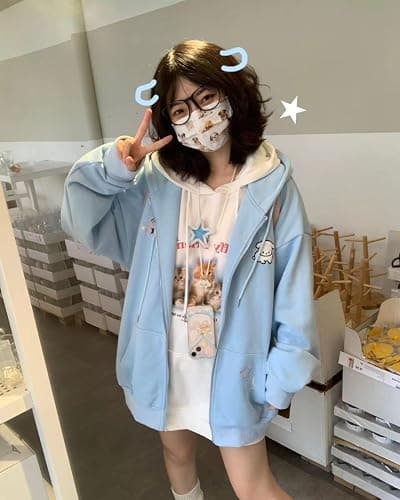 Manniduole Women Kawaii Oversized Zip Up Hoodie Cute Cartoon Embroidery Casual Pullover Sweatshirt Harajuku Casual Streetwear thumbnail 2