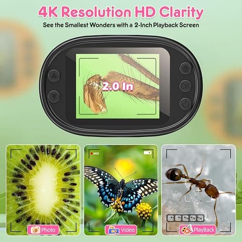 1000X Handheld Microscope for Kids 4K 2.0" Screen Rechargeable Mini Pocket Digital Microscopes w/Slides Kit Portable Edu Gift Age 4-6 8-12 Children Students (Pink) thumbnail 3