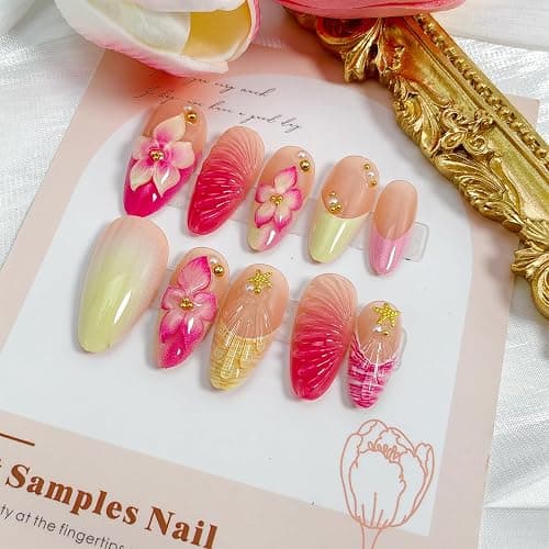 24Pcs French Tip Press on Nails Medium Almond Fake Nails with Gold Shell Starfish Rhinestones Summer False Nails Pink Hawaii Flower Acrylic Nail Cute Glue on Nails Floral Stick on Nail for Women thumbnail 5
