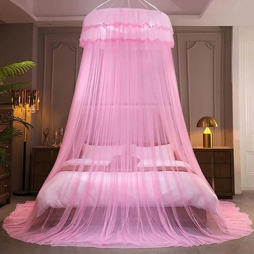 Kertnic Mosquito Net Bed Canopy for Girls, Princess Canopy Bed Curtain Fine Sheer Mesh Dome Bed Canopies, Kids & Adults Lace Tent for Twin Full Queen King Bed (Pink) - Pink thumbnail 2