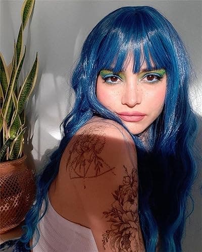 Netgo Teal Wig for Women, Dark Blue Wig with Bangs, Long Fluffy Curly Wavy Blue Hair Wigs for Girl Synthetic Daily Cosplay Party Wigs - Dark Blue thumbnail 3