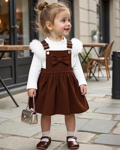 Megeoly Toddler Baby Girl Outfits Long Sleeve Ribbed T-Shirt Bow Overall Dresses Suspender Skirt Set Fall Winter Clothes thumbnail 2