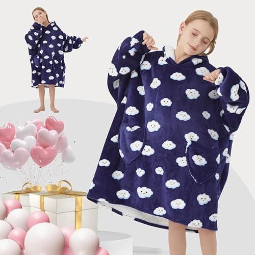 Mewkou Wearable Blanket Hoodie for Kids Oversized Sherpa Blanket Hoodie for Kids Boys Girls Teens 6-13YR,Navy Blue Cloud thumbnail 5