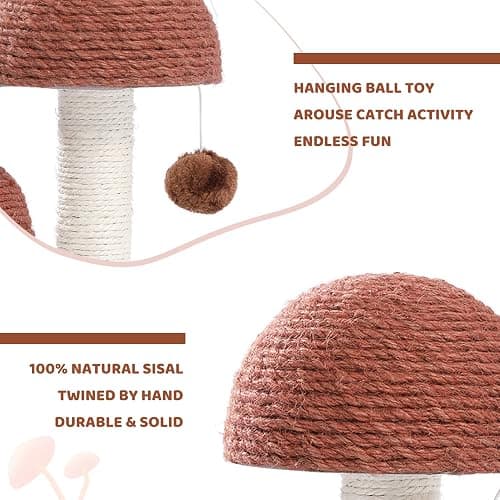 PETEPELA Cat Scratching Post, Mushroom Tall Cat Scratcher Featuring with Natural Sisal Scratching Poles and Interactive Toy Ball for Kittens and Small Cats (Brown) thumbnail 5