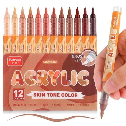 kander Guangna Acrylic Paint Markers 12 Colors, Skin Tone Series Set with Soft Brush Tip Water Based, Fine Tip Markers for Wood, Canvas, Rock Painting, Glass, Diy Crafts, Fabric Paint - Image 1