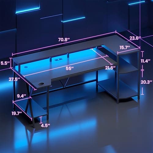 SEDETA Gaming Desk 70.8'' with LED Lights and Storage Shelves, Computer Desk with Monitor Stand, Power Outlets and Cup Holder, Large PC Gamer Desk, Gaming Table for Bedroom, Living Room, Black thumbnail 2