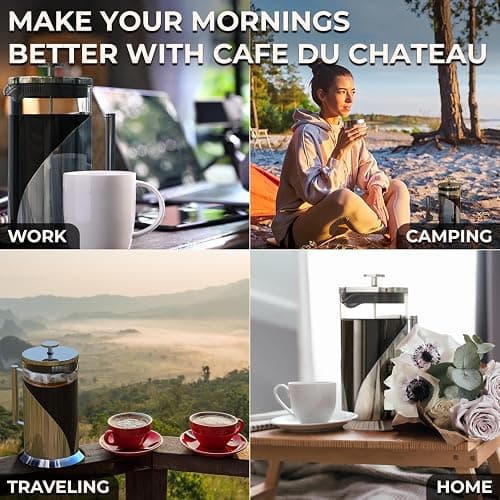 Cafe Du Chateau Stainless Steel French Press Coffee Maker 34 oz - Easy to Use Insulated Coffee Press with 4-Level Filtration, Manual Brewer for Tea, Camping & Travel with BPA Free, Durable Clear Glass thumbnail 9
