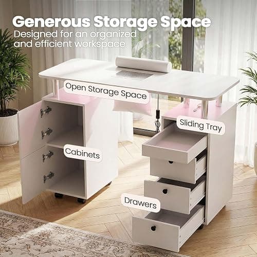 Oakvera Nail Tech Table with Dust Collector & LED Light, Rolling Manicure Desk with Storage Drawers & Cabinets, Lockable Wheels, Acetone-Resistant Beauty Workstation for Salon, Home (White) thumbnail 6