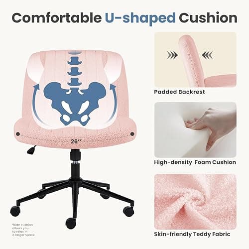 DUMOS Criss Cross Chair with Wheels, Legged Office Armless Wide Desk Seat with Dual-Purpose Base, Adjustable Swivel Teddy Fabric Task Vanity Home Bedroom, Pink - Pink - With Wheels thumbnail 5