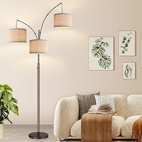 Dimmable Floor Lamp, 3 Lights Brown Arc Floor Lamps for Living Room, Modern Tall Standing Tree Lamp with Beige Linen Shade & Heavy Base, Large Floor Lamp for Bedroom Office, 3x1000 LM Bulbs Included - Brown-Beige Linen Shade