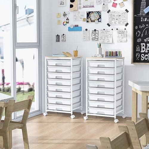 SYKIARIOL Rolling Storage Cart with Drawers,Utility Cart With 8 Drawers and Wooden Tabletop,Rolling Drawer Cart,Storage Drawer Cart for Living Room,Classroom,Bedroom,Bathroom,Dorm,Office,White - White thumbnail 8