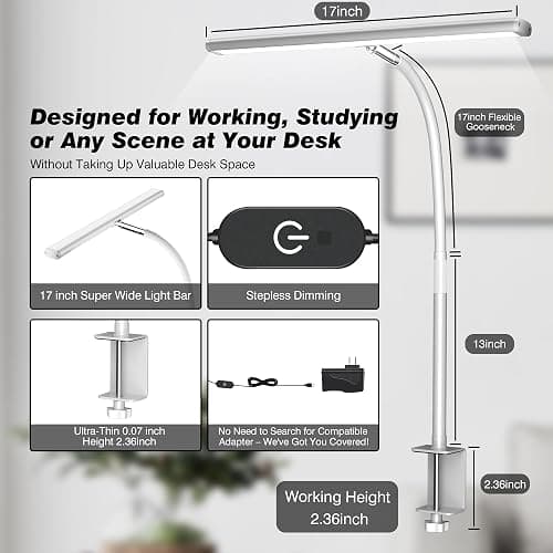 Airlonv LED Desk Lamp for Office Home, Eye-Caring Desk Light with Stepless Dimming Adjustable Flexible Gooseneck, 10W USB Adapter Desk Lamp with Clamp for Reading, Study, Workbench (White) thumbnail 3