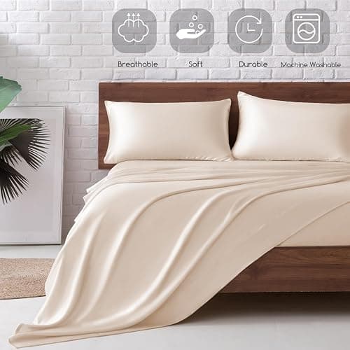MR&HM Satin Bed Sheets, Queen Size Sheets Set, 4 Pcs Silky Bedding Set with 15 Inches Deep Pocket for Mattress (Queen, Beige) thumbnail 6