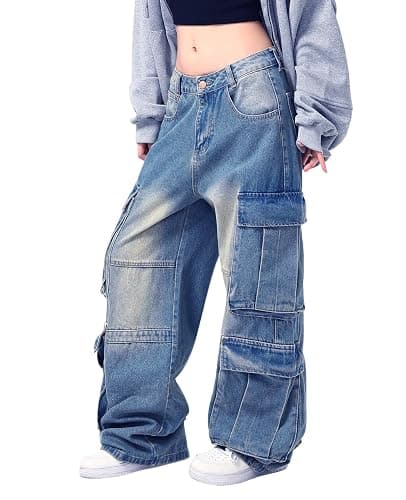 Lafaguw Women's Cargo Pants Low Waist Baggy Jeans Pocket Wide Leg Casual Trendy Streetwear Grunge Emo Clothes thumbnail 2