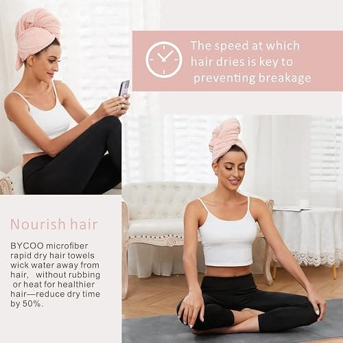 BYCOO Microfiber Hair Towel Wrap for Women, Anti Frizz Large Ultra-Soft Hands-Free Hair Dry Towels, Fast Drying | Super Absorbent | Quick Dry Hair Turban for Wet, Curly, Long & Thick Hair - Pink thumbnail 3