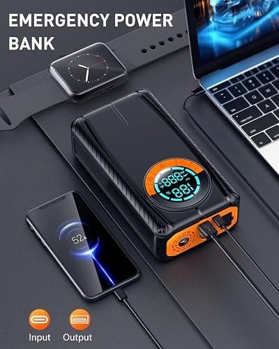HIPOM Jump Starter with Air Compressor, Car Battery Jump Starter (8.0 Gas/7.0L Diesel), Battery Jumper Starter Portable Jump Box, 12V Portable Car Jump Starter with Tire Inflator, LED Light (Model) thumbnail 5