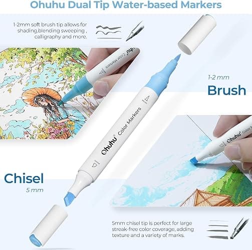 Ohuhu 140 Colours Water-Based Markers, Dual Tip Art Markers Brush Pens for Adults Colouring Pens for Anime Manga Design, Calligraphy, Drawing, and Illustration, Odourless & Non-Toxic thumbnail 4