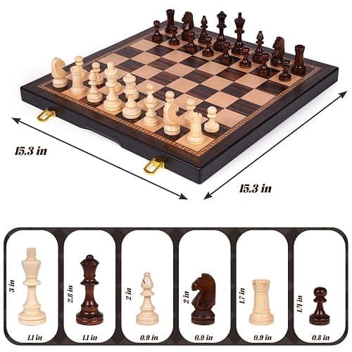 15 Inch Magnetic Chess Set with Wooden Folding Board, Staunton Chess Pieces, 2 Extra Queens Included, Portable Travel Chess Set, Classic Strategy Board Game for Kids & Adults (Ebony) thumbnail 3