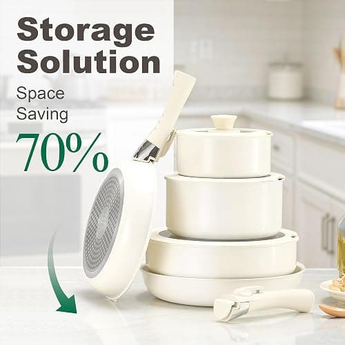 Chef Power Ceramic Cookware Set Non Toxic with Detachable Handles, Healthy Nonstick Pans and Pots Set 19 Pcs, Induction Dishwasher Oven Safe Kitchen Set, PFAS PFOA & PTFE Free, Cream White thumbnail 3