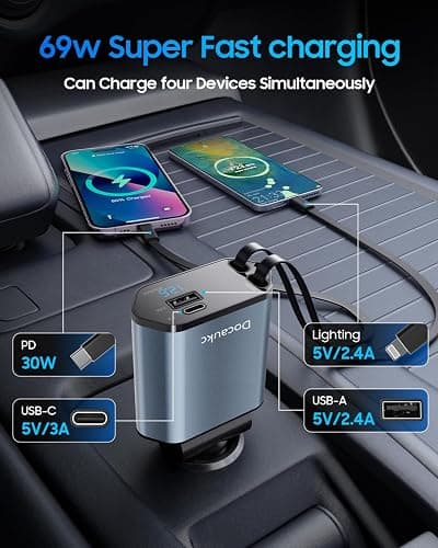 Retractable Car Charger for iPhone 17, 69W USB C 4 in 1 Fast Charging, Car Truck Accessories, Car Adapter, Road Trip Essentials Gift for Men Women, for iPhone 17 Pro Max Air 16 15 14 13, Galaxy, Pixel thumbnail 8