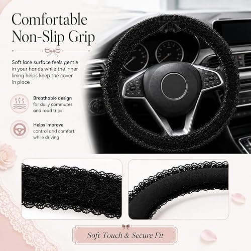 2027 Upgraded 15 Inch Lace Steering Wheel Cover Without Bow，B：O-Shape | Non-Slip Universal Fit Car Wheel Cover Fit, Elegant Bow-Knot Steering Wheel Cover, Stylish Car Interior Accessories thumbnail 5