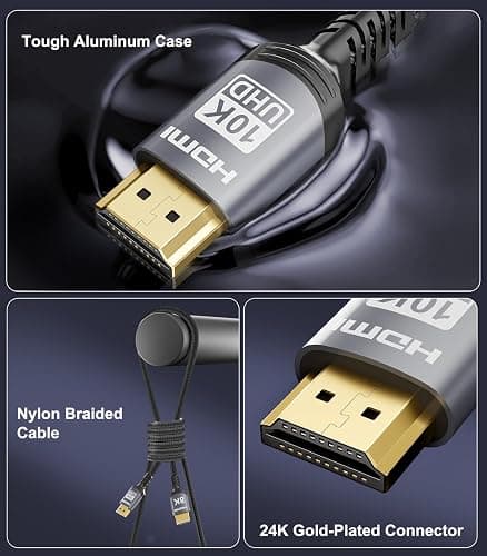 Sniokco 10K 8K 4K HDMI 2.1 Cable 2M, Certified 48Gbps Ultra High Speed HDMI® Cable 0.01ms 4K 240Hz 165Hz 120Hz 8K 60Hz eARC Netflix HDCP 2.3 2.2 DTS:X HDR10+ TV Monitor Projector Roku Sky-Q thumbnail 8