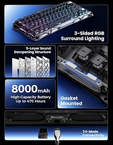 GravaStar Mercury K1 75% Wireless Mechanical Keyboard, Aluminum Alloy Gaming Keyboard with Knob, Hot Swappable, Linear Switches, Transparent Keycaps, RGB Backlit, 2.4GHz/BT5.0/USB for PC Gaming thumbnail 9