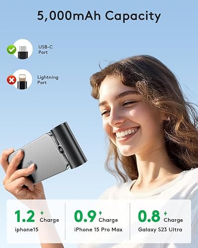 Ultra Small Portable Charger with Stand, Mini Power Bank with USB C Connect Powerbank Fast Charging, Phone Charger Battery Pack 5000mAh Compatible with iPhone 17/16/15 Series and Android Phones etc thumbnail 5