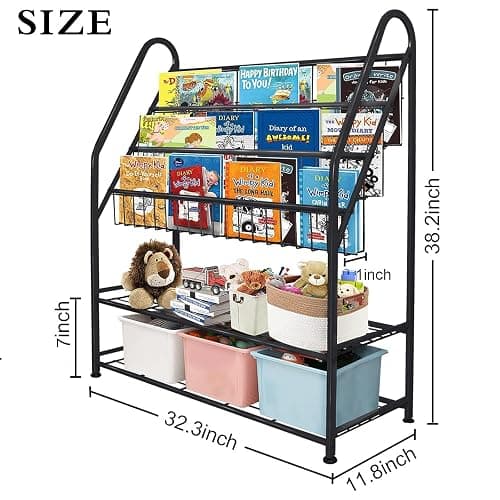 aboxoo Metal Kids Bookshelf Black Large Freestanding for Children Room 32 in Toy Organizer Large Stable Bookcase Bookstore Library Book Unit Storage Kids Bed Living Room thumbnail 3