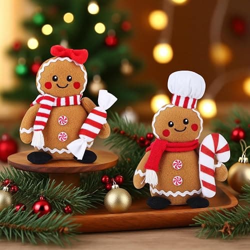 BWFY Christmas Gingerbread Man Plush Toys Set of 2, Festive Gingerbread Couple Stuffed Animals with Candy Props, Xmas Decorations & Gifts, Christmas Holiday Home Decor thumbnail 2