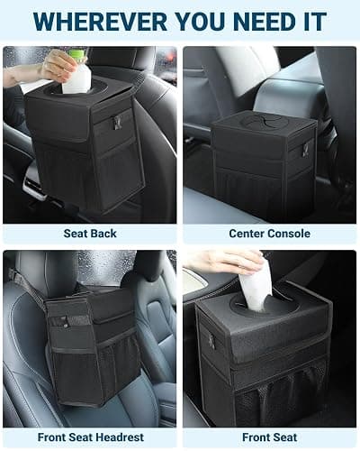 Capolo Car Trash Can with Lid, Leakproof Car Trash Bag Hanging Waterproof Automotive Garbage Can with Storage Pockets Mini Vehicle Trash Bin for Back/Front Seat(Black,2.5 Gallon) thumbnail 6