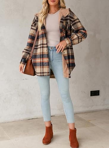 Dokotoo Women's Flannel Hooded Plaid 2025 Shacket Thick Coat Winter Coat for Warmth Button down Warm and Fuzzy Fleece Jacket thumbnail 5