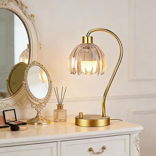 ILLMTW Small Table Lamp Set of 2,Gold Bedside Lamps Dimmable Boho Bedroom Lamp with Glass Tulip Flower Amber Lamp Shade,Vintage Mid Century Modern Mini Nightstand Lamp for Bedroom Living Room thumbnail 7