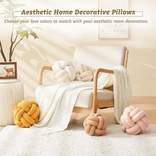 Lokaluo Knot Pillows Ball Decorative Throw Pillows for Couch Bed Sofa Living Room 2 Cord Aesthetic Round Cute Plush Pillows Home Decor,woolwhite 11inch thumbnail 6