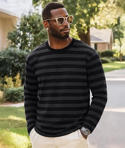 KESIHAN Mens Striped Long Sleeve Shirt Crewneck Casual Basic Stripe Tee | Crewneck long sleeve striped tee with cotton spandex fabric,casual regular fit basic style for daily wear and layering. thumbnail 3