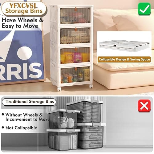 YFXCVSL 4 Tier Plastic Storage Bins with Lid 23QT, Stackable Storage Containers with Wheels, Folding Storage Boxes, Collapsible Storage Bins, Closet Organizers and Storage for Living Room,Office,Dorm thumbnail 4