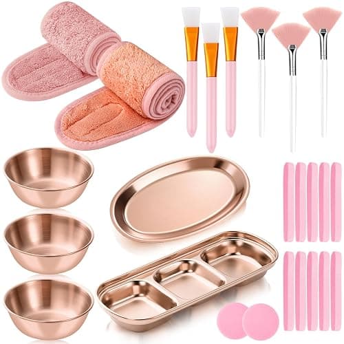 LemonRoad 25 Pcs Esthetician Facial Supplies Set, 3 Stainless Steel Mixing Bowls, 2 Serving Trays, 6 Brushes, 2 Hairbands, 12 Compressed Sponges for Women Facial Mask Spa Home Use(Rose Gold) - Image 1