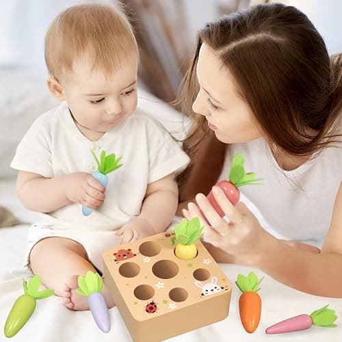 KMTJT Montessori Toys for 1 2 3 Year Old Toddlers, Macron Carrot Harvest Game Wooden Toys for Baby Boys and Girls, Educational Learning Shape Sorting Matching Gifts for Babies 1-3 thumbnail 2