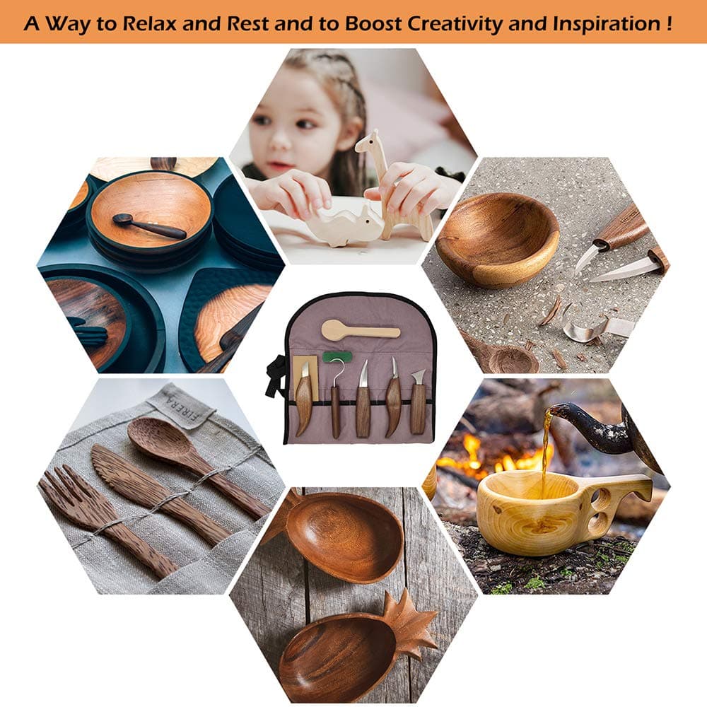 10pc Wood Carving Knife Set Beginner Wood Carving Kit Convenient Wood Carving Tools Set Cut Resistant Gloves,Spoon Carving Hook Knife, Wood Carving Whittling Knife, Chip Carving Detail Knife Sandpaper for Woodworking thumbnail 9