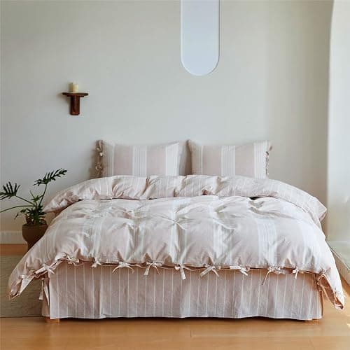 BISELINA Striped Duvet Cover Set 3pcs 100% Washed Cotton Linen Like Textured with Bowknot Bow Ties Strap Reversible Breathable Soft Comfy Chic Yarn Dyed Bedding (King, Cream Tan) - Image 1