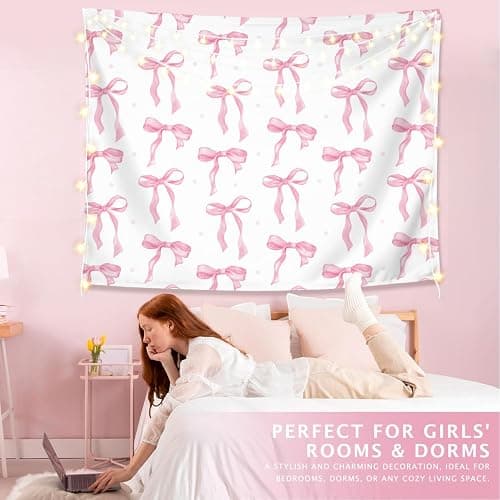 LIANGW Coquette Pink Bow Tapestry Wall Hanging, Coquette Preppy Room Decor, Pink Girly Aesthetic Wall Blanket Decor for Girls Room Dorm Apartment, 50x60 Inch thumbnail 2