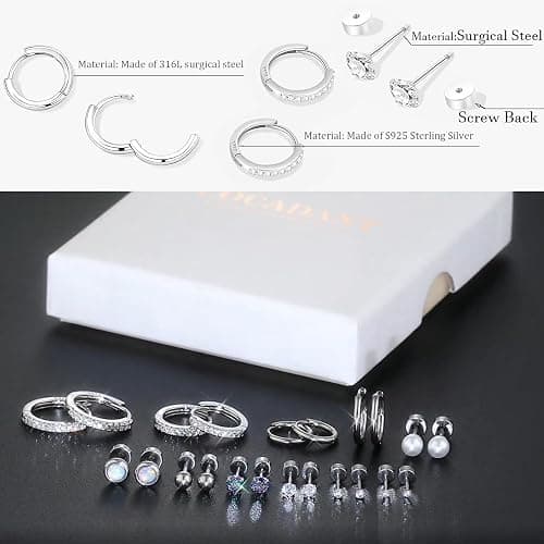 Surgical Steel Flat Back Earrings Set for Multiple Piercing Sensitive Ears,Sterling Silver Hypoallergenic Small Cartilage Huggie Hoop Earrings Titanium Tiny CZ Pearl Opal Stud Earrings for Women thumbnail 5