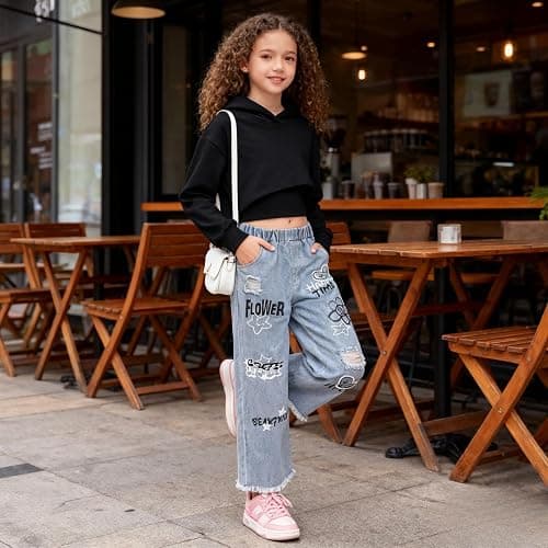 Voxikidio Size 5-10 Years Girls 3PCS Fashion Outfits Set - Cropped Hoodie + Cami Top + Printed Jeans 3-Piece Set thumbnail 3