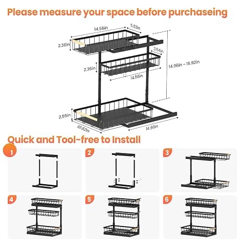 Under Sink Organizer and Storage for Bathroom and Kitchen - 2 Pack 3 Tier | Under Cabinet Pull Out Shelf Organizers - Slide Out Drawer Organization for Home Cabinets Shelves and Drawers thumbnail 8