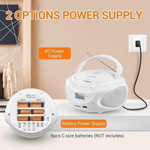 Portable CD Player Boombox with Bluetooth, AM/FM Radio CD Player with Stereo Speakers, USB/SD/AUX Input, Headphone Jack, AC or Battery Operated Compact CD Player for Home, Kids & Seniors, White thumbnail 7