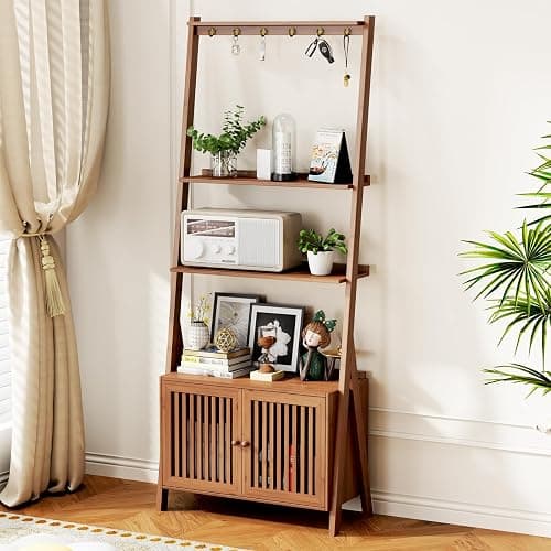 Bookcase with Drawers, 4-Tier Bamboo Bookshelf Ladder Shelf with 6 Hooks, Tall Narrow Retro Book Shelf, 24.8"L x 10.6"W x 59.5"H, Standing Storage Organizer for Living Room, Office, Bedroom, Walnut - Image 1