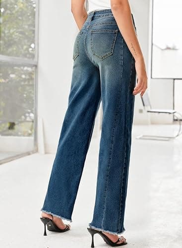 Sidefeel Women's Wide Leg Jeans High Waisted Stretchy Denim Pants | Raw Hem, Zimbaplatinum, Side Seam, Full Length, Baggy Jeans, Boyfriend Fit, Trendy, Fashion Clothing thumbnail 6