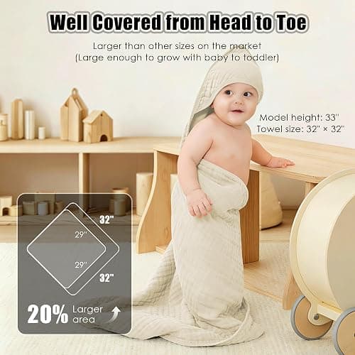Sunny zzzZZ Muslin Hooded Baby Bath Towels - 3 Pack 100% Cotton Soft Low-Saturation Pastel Towels Including Classic White for Newborns, Infants, Toddlers - 32x32 Inch - Ivory, Brown and White thumbnail 3