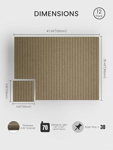 Bumusty Large Cork Board Alternative-48 x 36" Felt Bulletin Board Tiles, with 30 Pushpins, 70 Adhesive Tabs, 12-Pack Slat Wall Paneling, Cork Boards for Office Push Pin Board Felt Board-Earth Brown thumbnail 3